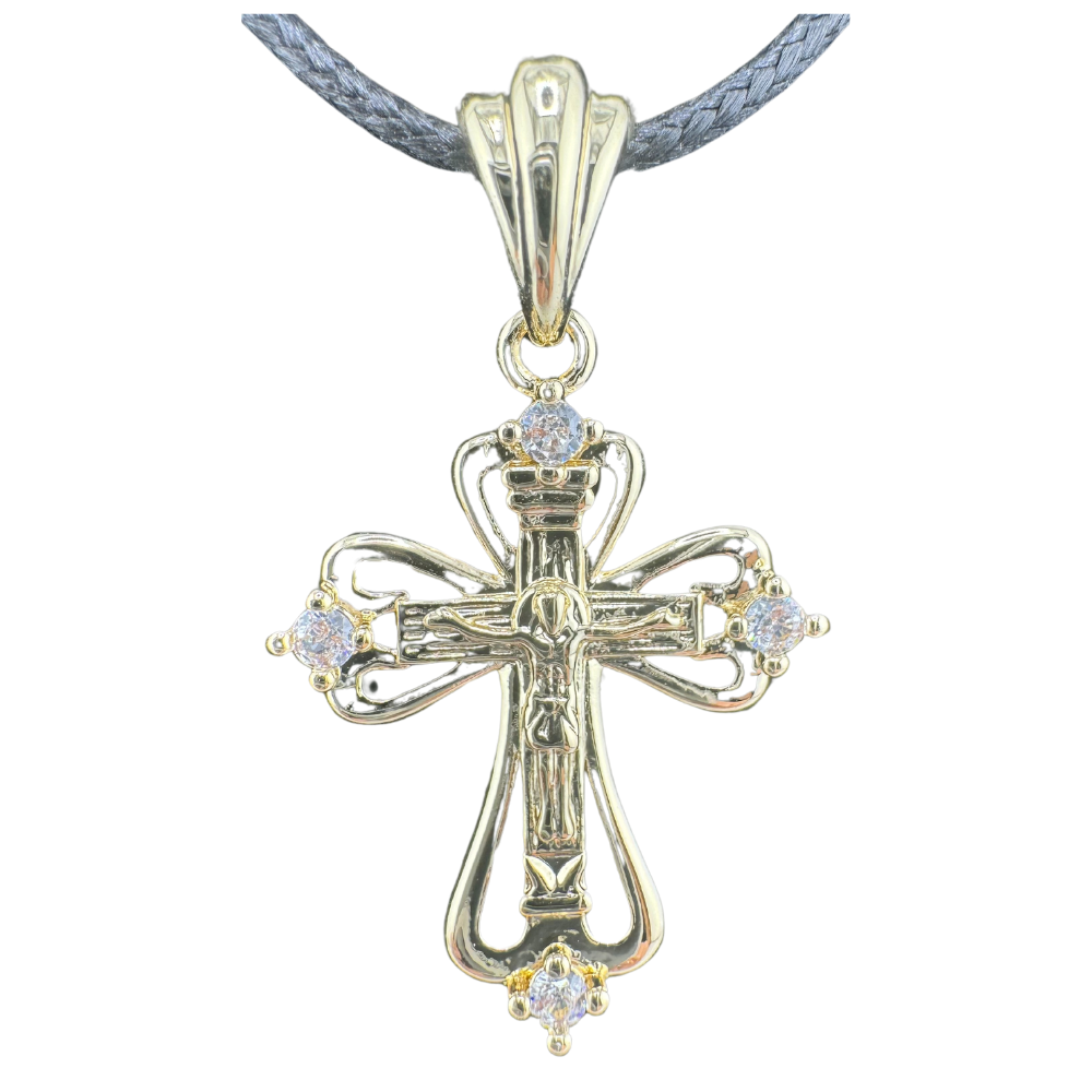 Divine Elegance: Orthodox Crucifix Cross Pendant Plated In 14K Gold Brass Based with Zircon Stone w/o chain Divine Elegance: Orthodox Crucifix Cross Pendant Plated In 14K Gold Brass Based with Zircon Stone w/o chain